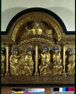 Romanesque art: altarpiece of Pentecote: antependium in wood, copper and enamel (detail). From Stavelot. Paris, National Museum of the Middle Ages, Thermes de Cluny