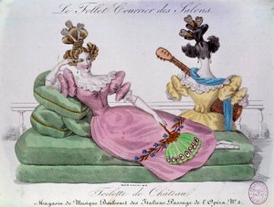 Romantic fashion: Chateau toilet. Two women with extravagant hairstyles on a canape. Engraving of the 19th century