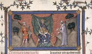King Charles V (1337-80) of France enthroned with crown, sword and sceptre between a knight and a clerk by French School