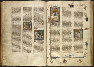 Lancelot Removing the Head of His Decapitated Grandfather, the King, Out of a Boiling Well; a Building Collapsing on Two Knights. On the Right, Miniature of Arthur and Guinevere Seated at a Banquet, from 
