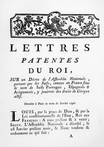 Royal Letters Patent granting equal rights for Portuguese, Spanish and Avignonese Jews in France, Paris, January 28, 1790