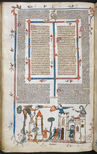 A bas-de-page scene of a dragon attacking a castle by French School