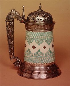 Rudolfi tankard with ivory body inlaid with turquoises, mounted in silver and set with rubies, Paris, c.1855