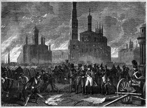 Russia Campaign 1812 - General Jean Ambroise Baston de Lariboisiere urges Napoleon to leave the Kremlin because of a danger of explosion - Moscow fire in 1812 - General Lariboisiere forces Napoleon to leave the Kremlin, threatening a formidable explosion by French School