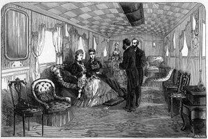 Russian imperial train used by the Duke and Duchess of Edinburgh in 1874: the saloon wagon. Engraving in Le Monde Illustré n°886 of 6 April 1874