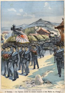 Russo-Japanese War in Chemulpo, the Japanese Give the Last Honours to Two Sailors of the Virag. Le Petit Parisien of April 3