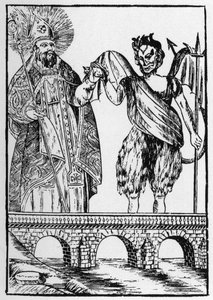 Saint Cado (or Cadoc or Catuod or Catoc or Cazut or Cadochus) legendary saint Christian gives a cat to the devil in exchange for building a bridge - popular images Perret. by French School
