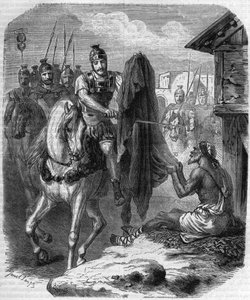Saint Martin of Tours making two pieces of his coat to give it to a poor man. Engraving in Histoire des Papes-Rois-Queen and Empereurs a travers les centuries by Maurice Lachatre