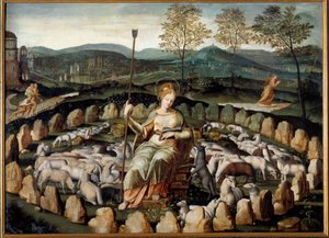 Sainte Genevieve, patron saint of Paris, keeping her sheep