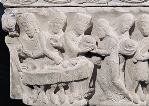 Salome presenting the head of St. John the Baptist at the feast of Herod, detail from a relief on a capital (detail) by French School
