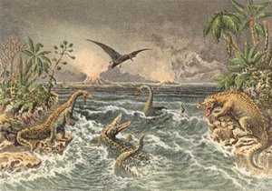 Scene of the primitive world during the secondary period by French School