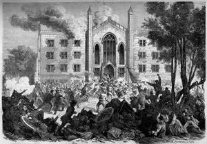 American Civil War (1861-1865) - New York - July 1863: opposition to conscription, insurgents set fire to the asylum of colored orphans in New York City during the Draft Riots. Engraving in Le Monde Illustré No. 331 of August 15 by French School