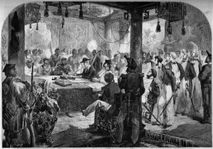 Second opium war between France and England and China (1858-1860) - signing of the Tianjin Treaty in 1858: English and French ambassadors Lord Elgin (James Bruce