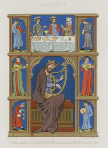 Series of 13th-century images depicting a mystical supper, musicians and a king playing a lyre by French School