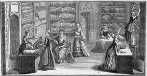Shop of a fashion merchant in the 18th century. Engraving in La Marine et les colonies: commerce by French School