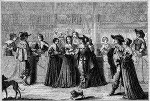 Shops in the Galerie du Palais (Paris), mid-17th century. From left to right: a bookstore, a haberdashery shop, and a shop of fans, gloves, and laces. Engraving by Foulquier in 