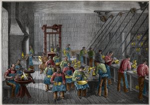 Silverware workshop in France in the 19th century. Engraving from 1885 in 