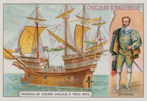 Sir Francis Drake and a three-masted English warship