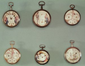 Six pocket watches decorated with Revolutionary symbols