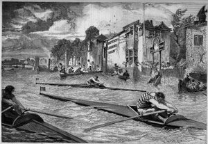 Sports competition: canoe race (outrigger) on the Thames. England by French School