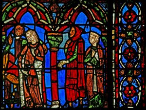 St Cheron window: his fiancée leaves with her parents by French School