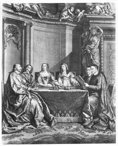 St. Vincent de Paul and Cardinal Jules Mazarin at the Conseil de Conscience of Louis XIV, engraved by Gerard Scotin, c.1660 by French School