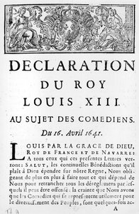 Statement of Louis XIII (1601-43) on the Comedians, 16th April 1641