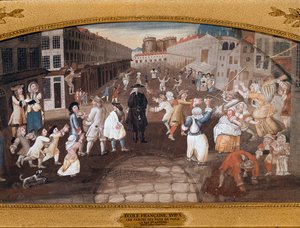 Street entertainers in the Rue St Antoine, Paris by French School