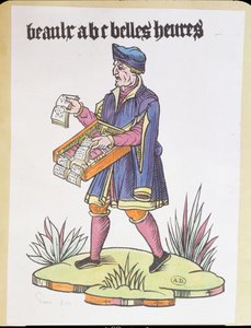 Street hawker selling alphabet primers and books, from Cris de Paris, c.1515