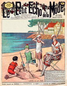 Summer at the sea, woman with her three children at the beach by French School