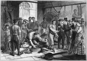 Superstition: blood drinkers at the abattoir de la Villette in Paris. Sick Parisians come to drink the blood of a freshly slaughtered beef, and hope to find a cure for their problems. A butcher collects the blood of the beast in a glass. Engraving in by French School