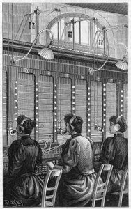 Telephone office of rue Gutenberg in Paris in 1895. Multiple table section of 240 subscribers served by 3 telephonists. by French School