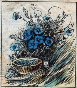 Textile, linen. Flax flower (blue), stem composed of straw and filaments to make linen yarn. Seed uses in medicine and from which oil is extracted for industry. Engraving. Epinal imaging late 19th century.