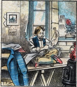 Textile, Linen. Sewing Thread Cut into Skeins. Engraving. Epinal imaging late 19th century. by French School