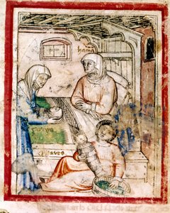 Thamar gives birth to twins, Perets and Zerah, sons of Judah, Miniature from codex 212 (or Padovano Codice or Bible of Padua) 1390-1400 by French School