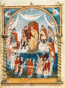 The Abbot Vivian surrounded by monks of St Martin of Tours presenting the book to Charles II the Bald, 9th century by French School