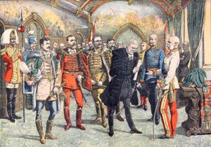 The Austro-Hungarian crisis. The Emperor Franz Joseph I receiving the Hungarian barons asking for universal suffrage in Hungary. Illustration for Le Petit Journal by French School