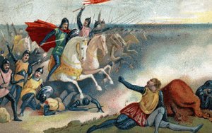 The Battle of Hastings on 14/10/1066 between the Saxons of Harold II and the Norman Army (William I the Conqueror). Chromolithography of the late 19th century by French School