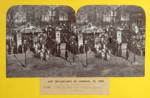 The Carnival of 1863 in Paris, the fat ox float leaving the slaughterhouse, stereoscopic view, 1863