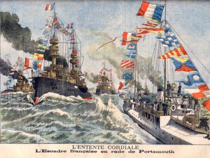 The Cordial Entente. English naval squadron in Portsmouth Harbour. Illustration for Le Petit Journal