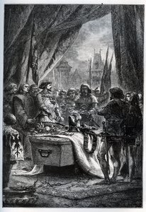 The English governor of Chateauneuf de Randon (Chateauneuf-de-Randon, Auvergne) surrendered and came to lay the keys to the square on the coffin of Bertrand du Guesclin (1320-1380), on 13 July 1380 in front of whom the city was besieging by French School
