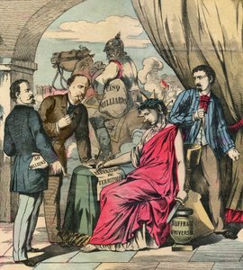 The Frankfurt Treaty signed on 10 May 1871 ended the Franco-German war, after negotiations between Adolphe Thiers and Otto von Bismarck: France had to cede Alsace and part of Lorraine, and pay 5 billion francs. Engraving, in Le Figaro, supplement, on by French School
