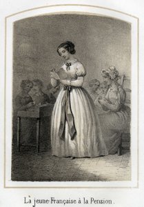 The French girl reads to her classmates. Anonymous engraving of the 19th century by French School