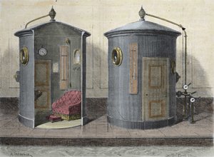The Hyperbaric chamber by Paul Bert (1833-1887) physiologist and French politician. Engraving from 1855 by French School