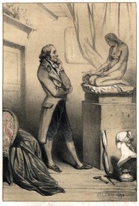 The Italian Sculptor Antonio Canova before the culture of “Madeleine penitente”. Plate taken from “Scenes de la vie des hommes famous” engraving in two shades by Valerio. 1843