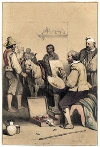 The Italian painter Antonio Allegri (known as Correggio or Le Correge 1489-1534), endorses, creates the sign of an inn, to pay for his meal. Plate taken from Scenes of the life of famous men, engraving in two colours by Valerio. 1843 by French School