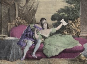 The King of France Francois I with Diane de Poitiers, Lady of Breze, Duchess of Valentinois. Lithograph of Daveria from 1832 in Laughs Et Galanterie. Weekly Collection of Galantes Images on the direction of John Grand-Carteret