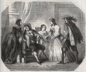 The King of France Louis XIII (1601-1643) is caught with migraine when he speaks to Queen Anne of Austria (1601-1666). Engraving from 1871 in 