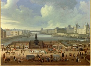 The Pont Neuf seen from the entrance to Place Dauphine, the Quai Malaquais, the College of Four Nations, the grand gallery and the Louvre