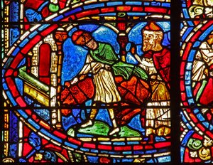 The Prodigal Son window: the fatted calf is killed by French School